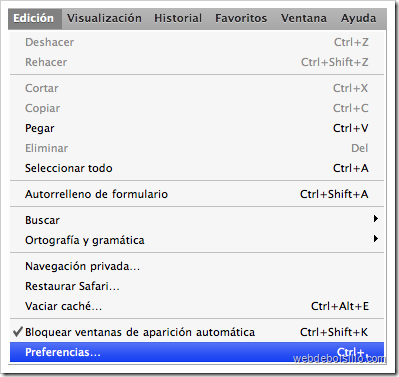 Menú de edición de Safari