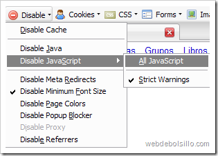 Desactivar javascript usando web developer toolbar